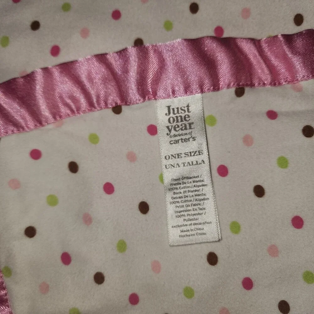 Just One Year by Carter's pink  white baby blanket satin trim polka dots heart